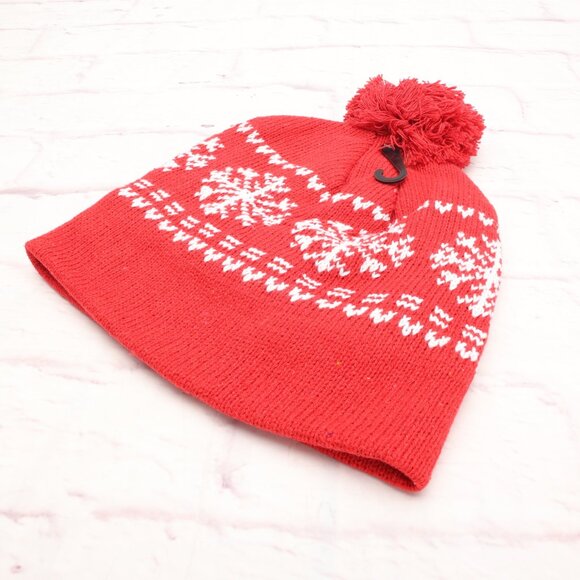 Chapeau Snowflake Winter Ski Beanie Hat Red White Fleece Lined W/Top Pom - Picture 7 of 9
